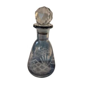 Vtg Blue Cut Glass Perfume Bottle w/ Faceted Top 5.5" Coquette French Country